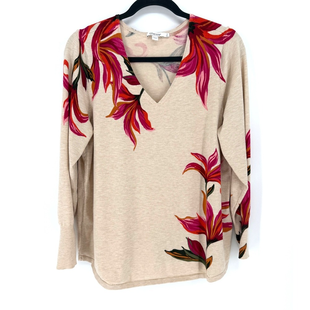 Chico's Sweater Floral V-Neck Size 3 XL Beige Pink Rayon Knit Pullover Top